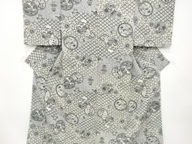 縮緬地　切りばめ風　絵皿に風景・花模様　小紋着物